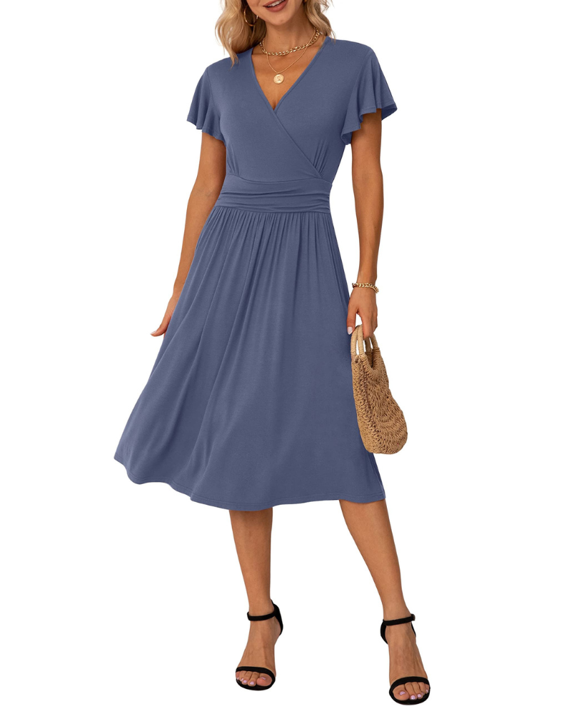 Felicity Women's Floral Wrap Dress – Short Sleeve V Neck A-Line Summer Dress