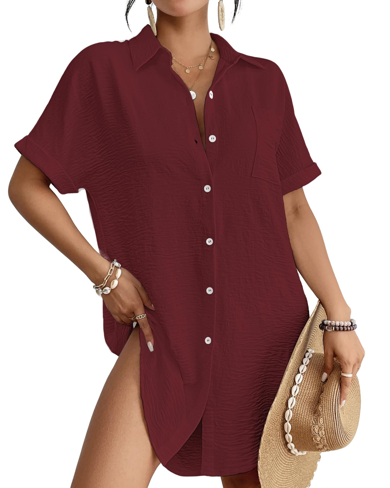 Melody Women's Button Up Beach Cover Up – Short Sleeve Shirt Dress Swimwear Cover