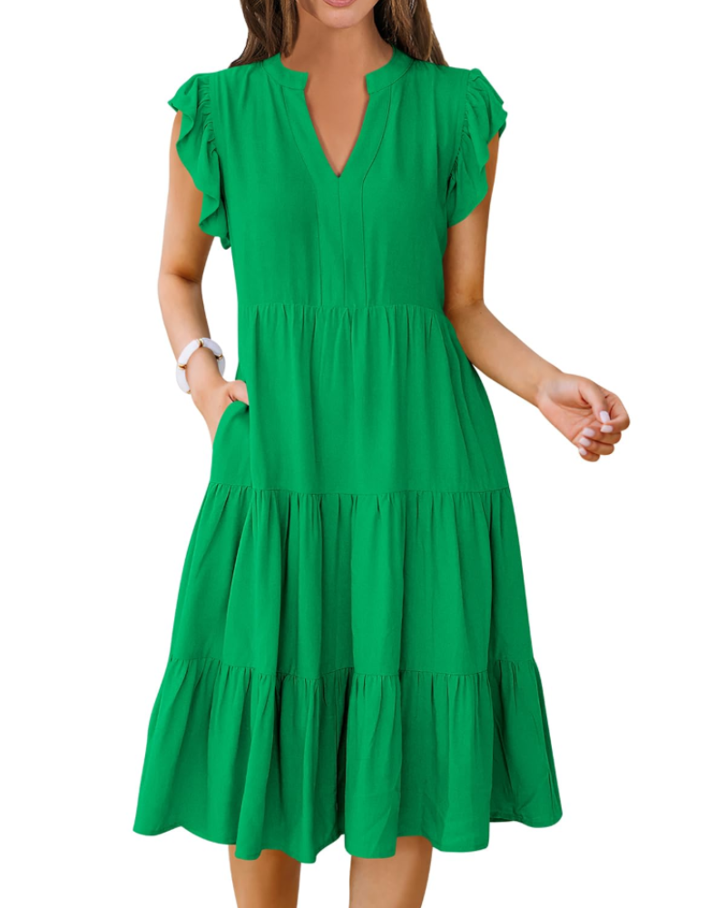 Natalie Women's Ruffle Sleeve Midi Dress – V Neck Tiered Boho Casual Dress