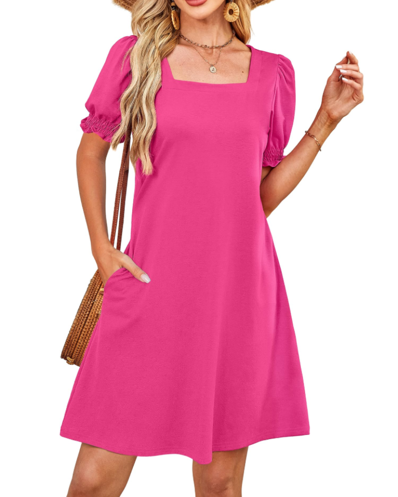 Lydia Women's Square Neck Dress – Puff Sleeve Pocket Casual Midi Dress