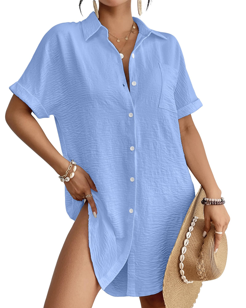 Melody Women's Button Up Beach Cover Up – Short Sleeve Shirt Dress Swimwear Cover