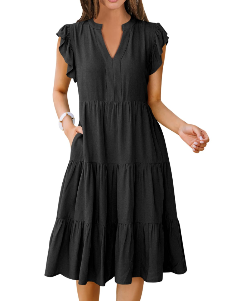 Natalie Women's Ruffle Sleeve Midi Dress – V Neck Tiered Boho Casual Dress