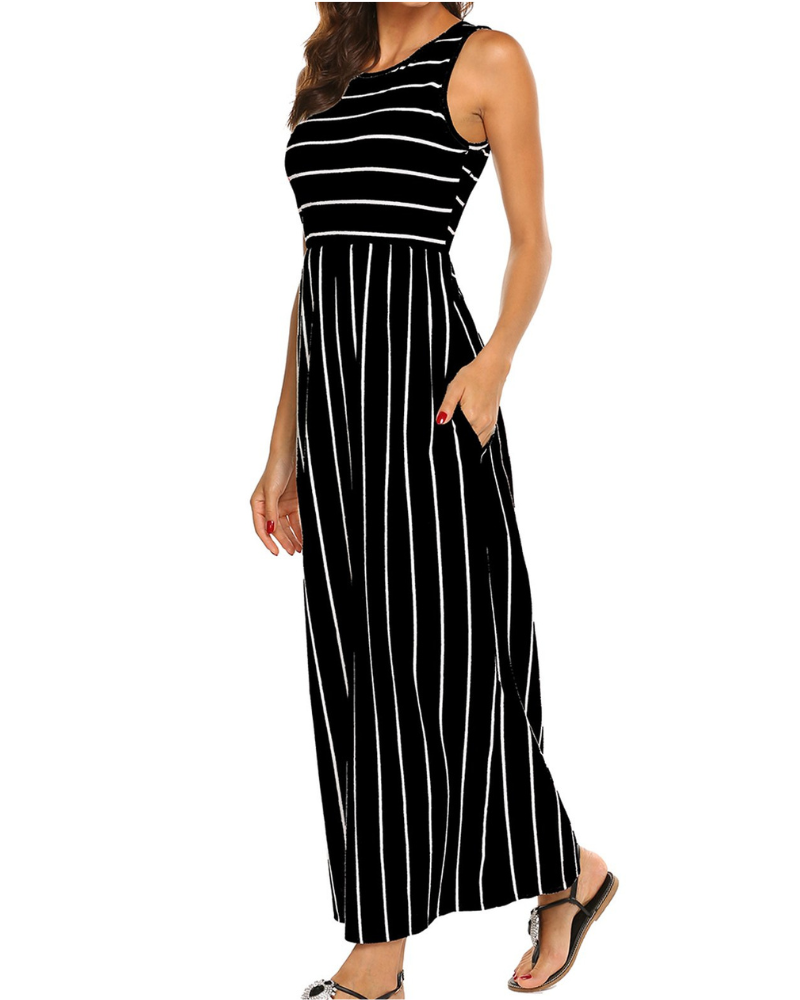 Eloise Women's Striped Maxi Dress – Sleeveless Crew Neck Pocket Casual Summer Dress