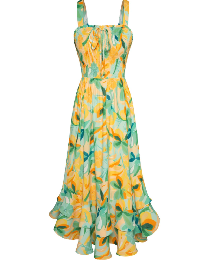 Bianca Women's Floral Chiffon Maxi Dress – Square Neck Smocked Summer Dress
