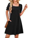 Lydia Women's Square Neck Dress – Puff Sleeve Pocket Casual Midi Dress