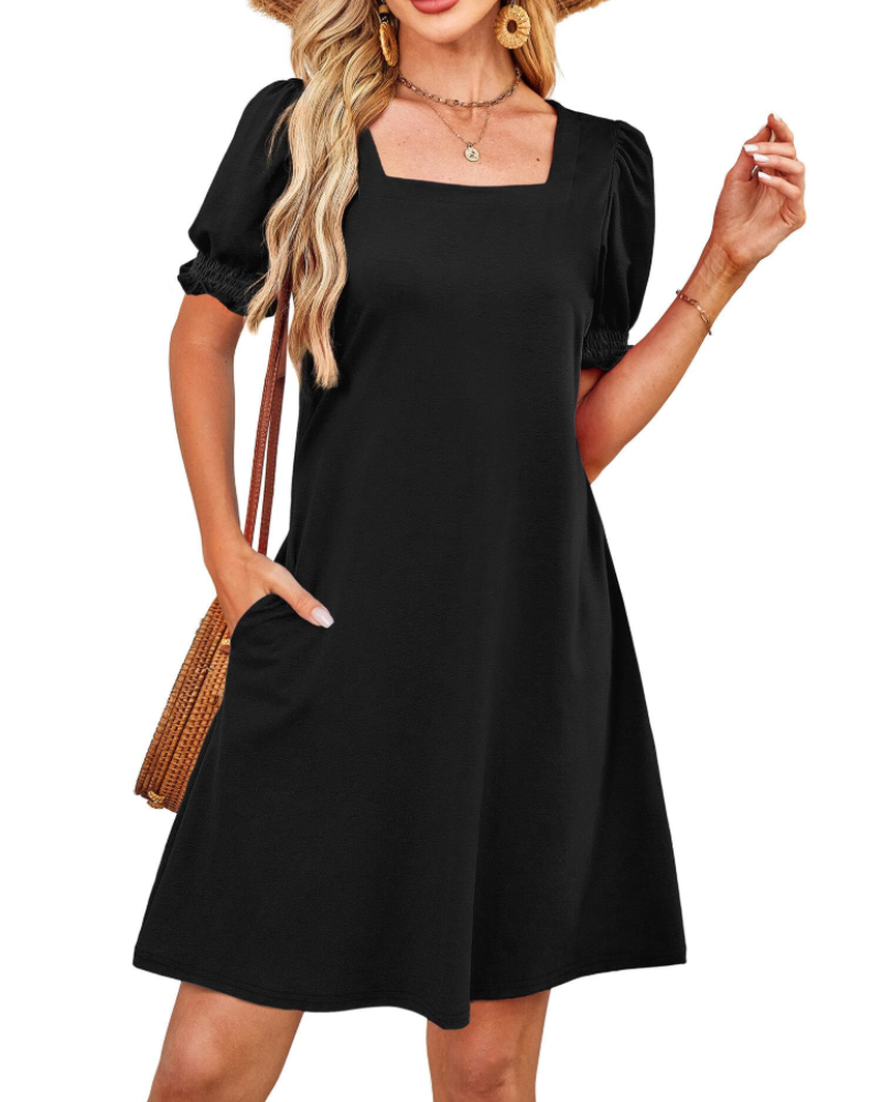 Lydia Women's Square Neck Dress – Puff Sleeve Pocket Casual Midi Dress