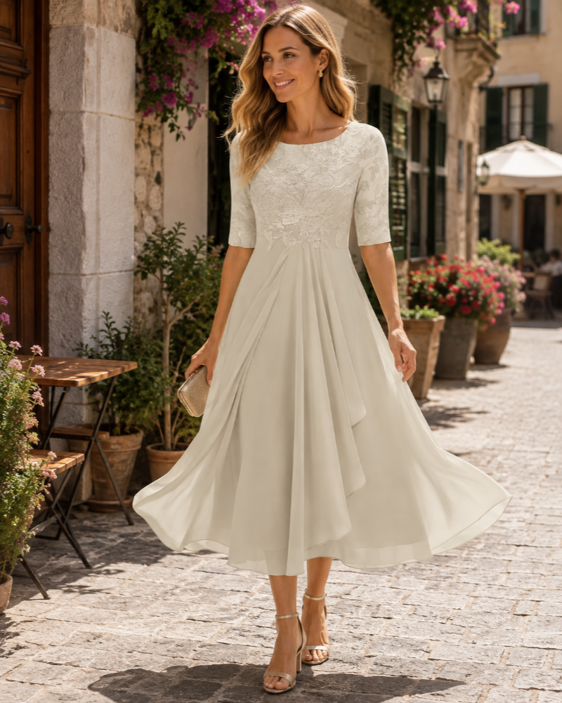 Evangeline Women's Lace Midi Dress – Chiffon A-Line Elegant Occasion Dress