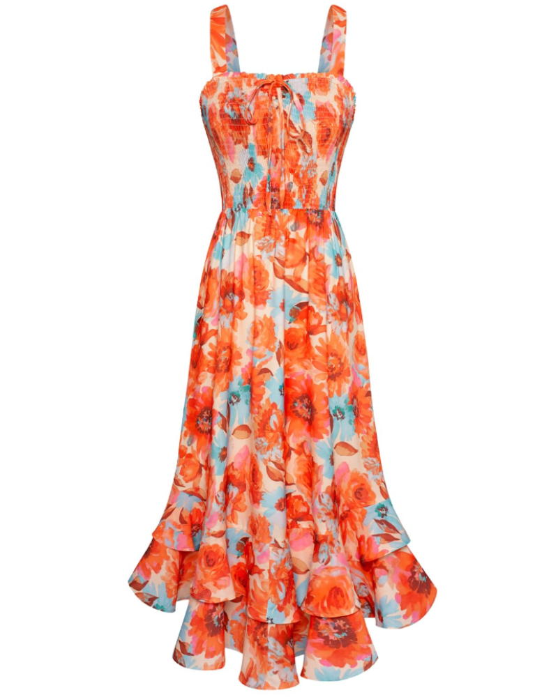Bianca Women's Floral Chiffon Maxi Dress – Square Neck Smocked Summer Dress