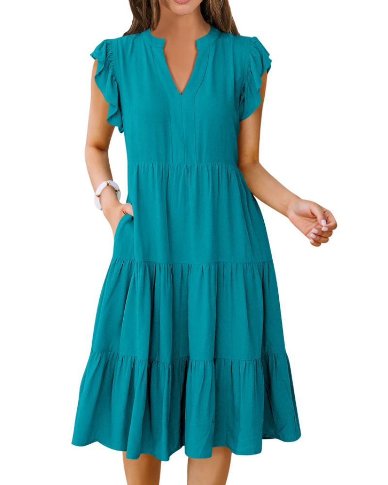 Natalie Women's Ruffle Sleeve Midi Dress – V Neck Tiered Boho Casual Dress