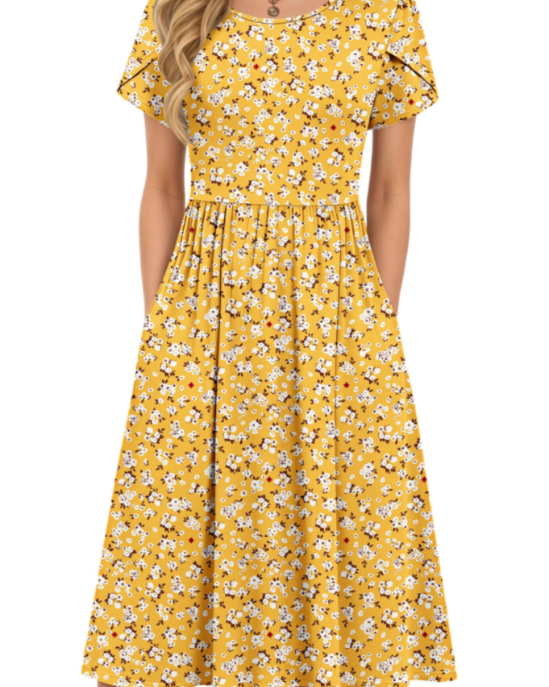 Eloise Women's A-Line Midi Dress – Short Sleeve Round Neck Dress with Pockets
