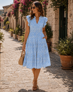 Natalie Women's Ruffle Sleeve Midi Dress – V Neck Tiered Boho Casual Dress