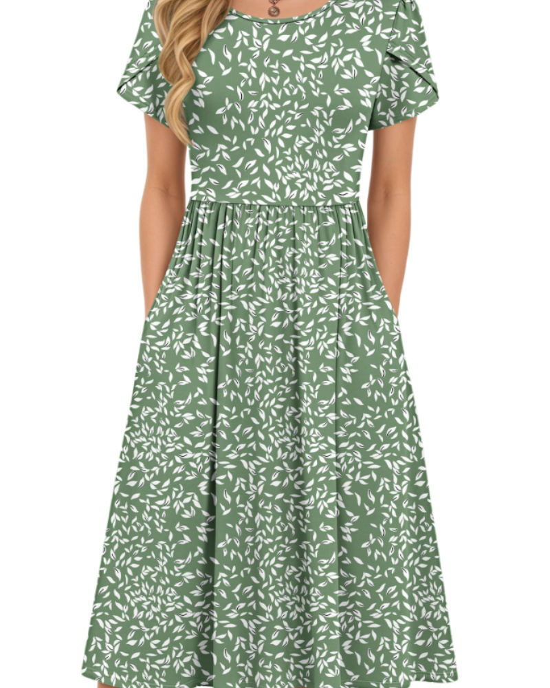 Eloise Women's A-Line Midi Dress – Short Sleeve Round Neck Dress with Pockets