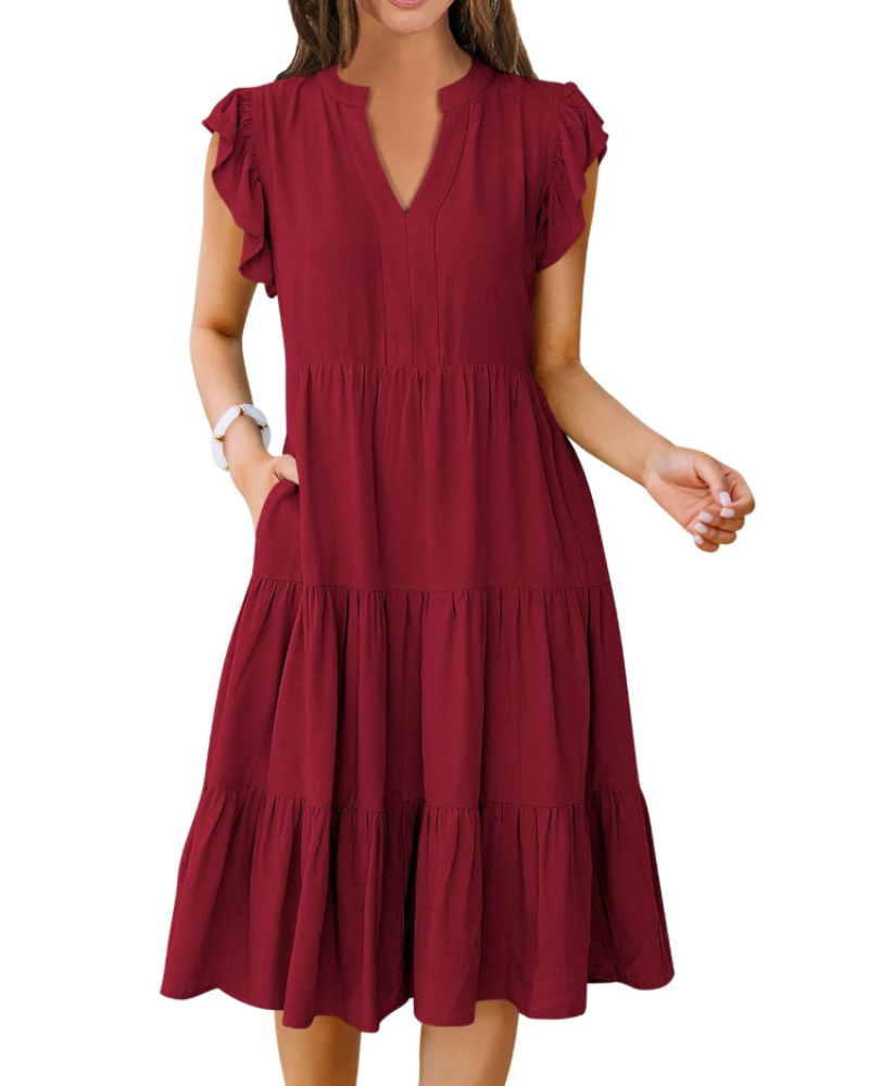 Natalie Women's Ruffle Sleeve Midi Dress – V Neck Tiered Boho Casual Dress