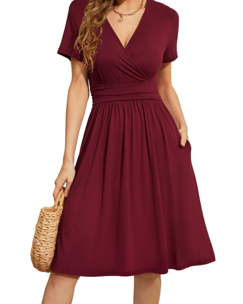 Rosalie Women's Floral Wrap Dress – V Neck Short Sleeve A-Line Pocket Midi Dress