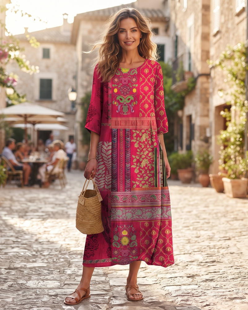 Claris Women's Boho Maxi Dress – Cotton Ethnic Print Summer Holiday Dress