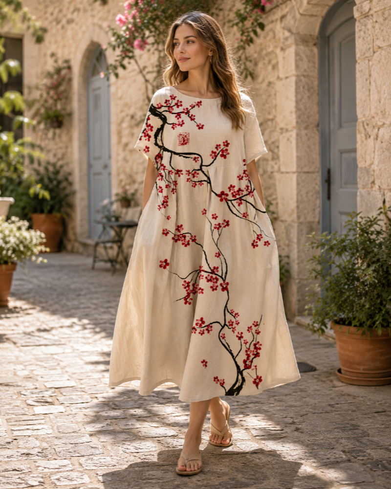 Genevieve Women's Floral Midi Dress – Lightweight Round Neck Summer Dress