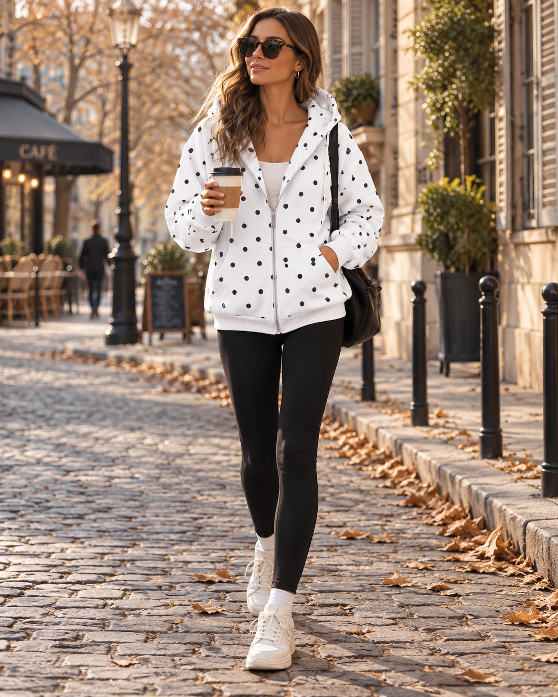 Justine Women's Polka Dot Zip-Up Hoodie – Oversized Drawstring Sweatshirt with Pockets