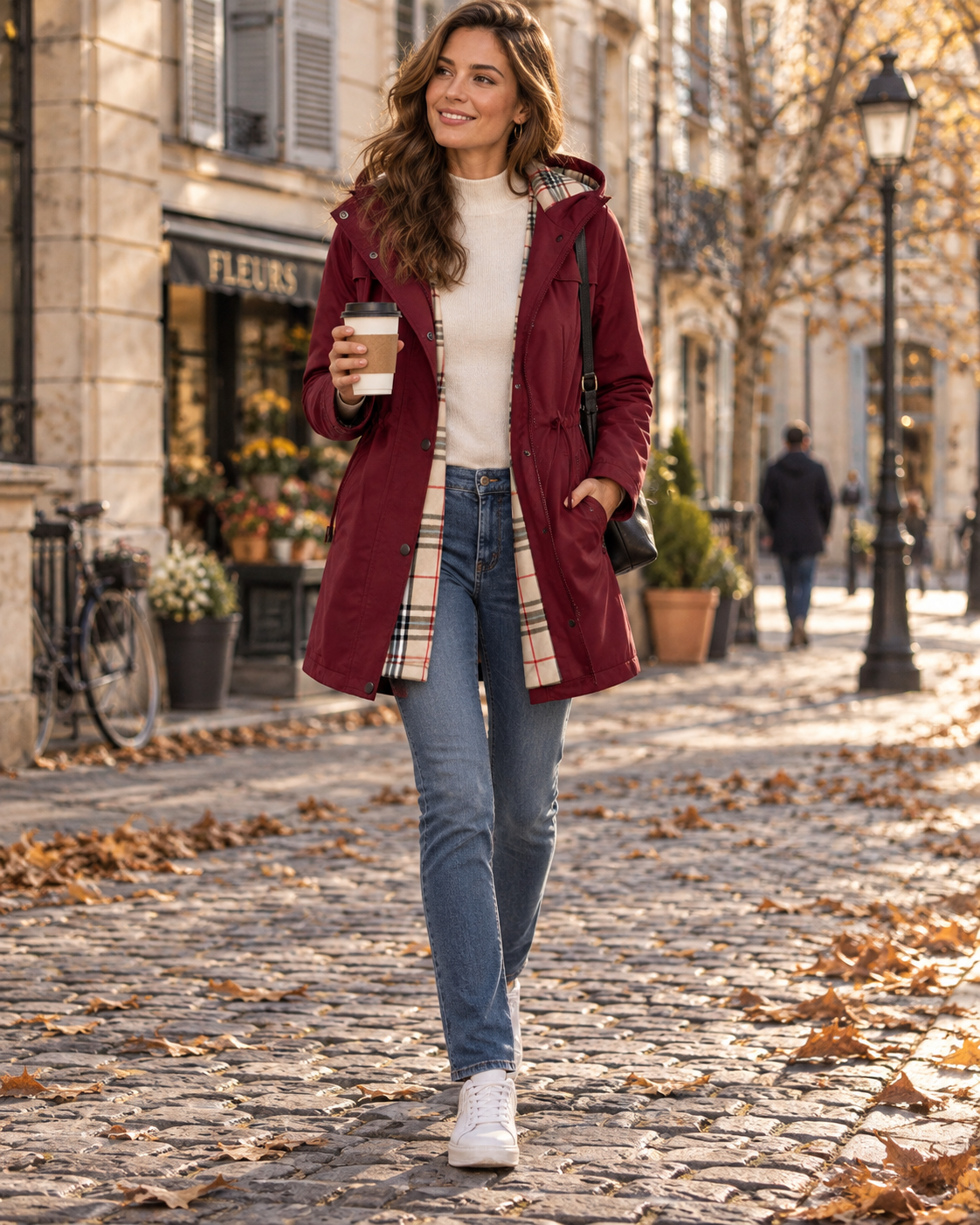 Bernadette Women's Hooded Rain Jacket – Drawstring Waist Check Lined Long Coat with Pockets