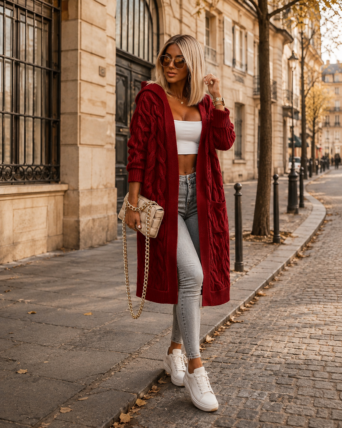 Beatrice Women's Long Cardigan – Oversized Cable Knit Hooded Sweater with Pockets