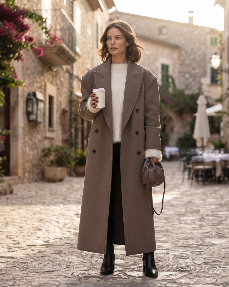 Helena Women's Oversized Double-Breasted Coat – Structured Shoulders & Wool-Look Fabric