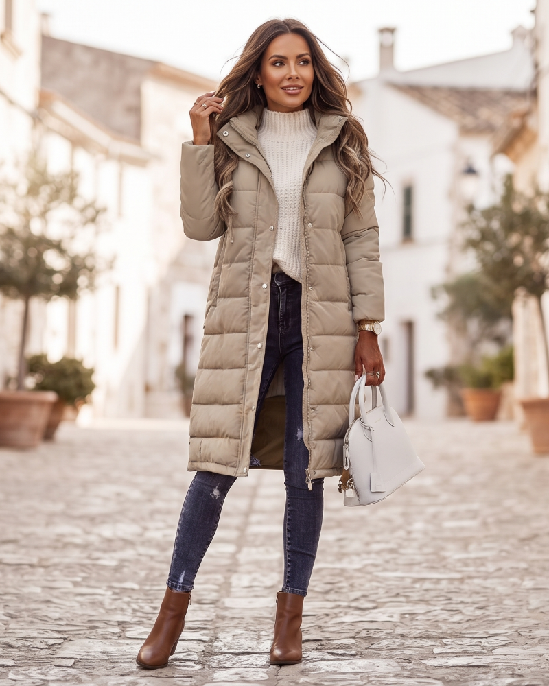Rowena Women's Long Puffer Coat – Adjustable Hood, Two-Way Zip & Deep Pockets