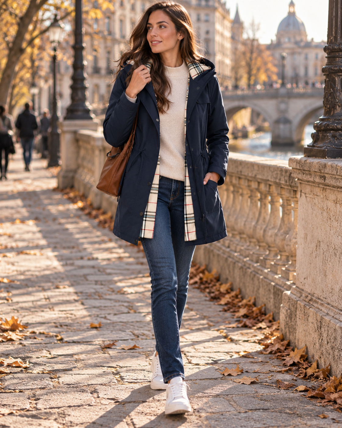 Bernadette Women's Hooded Rain Jacket – Drawstring Waist Check Lined Long Coat with Pockets