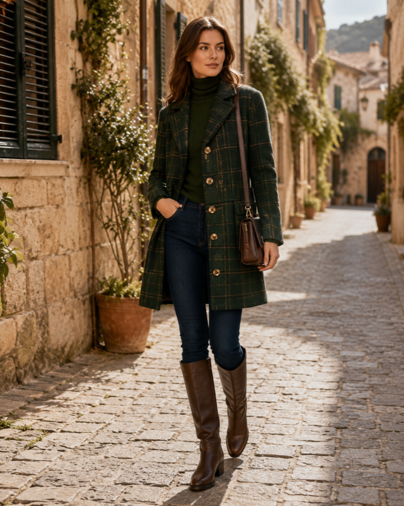 Vivienne Women's Checked Wool Coat – Long Tailored Winter Overcoat