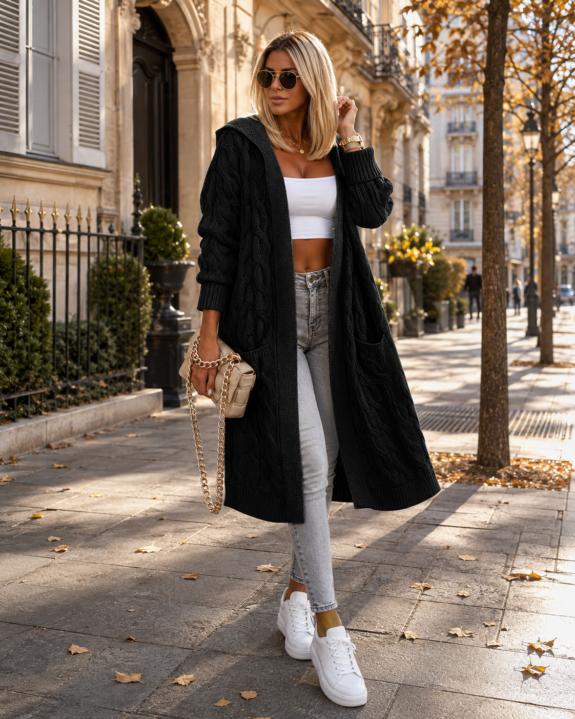 Beatrice Women's Long Cardigan – Oversized Cable Knit Hooded Sweater with Pockets