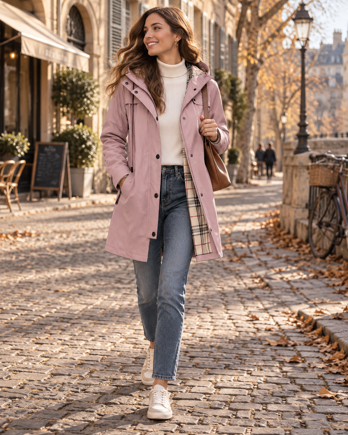 Bernadette Women's Hooded Rain Jacket – Drawstring Waist Check Lined Long Coat with Pockets