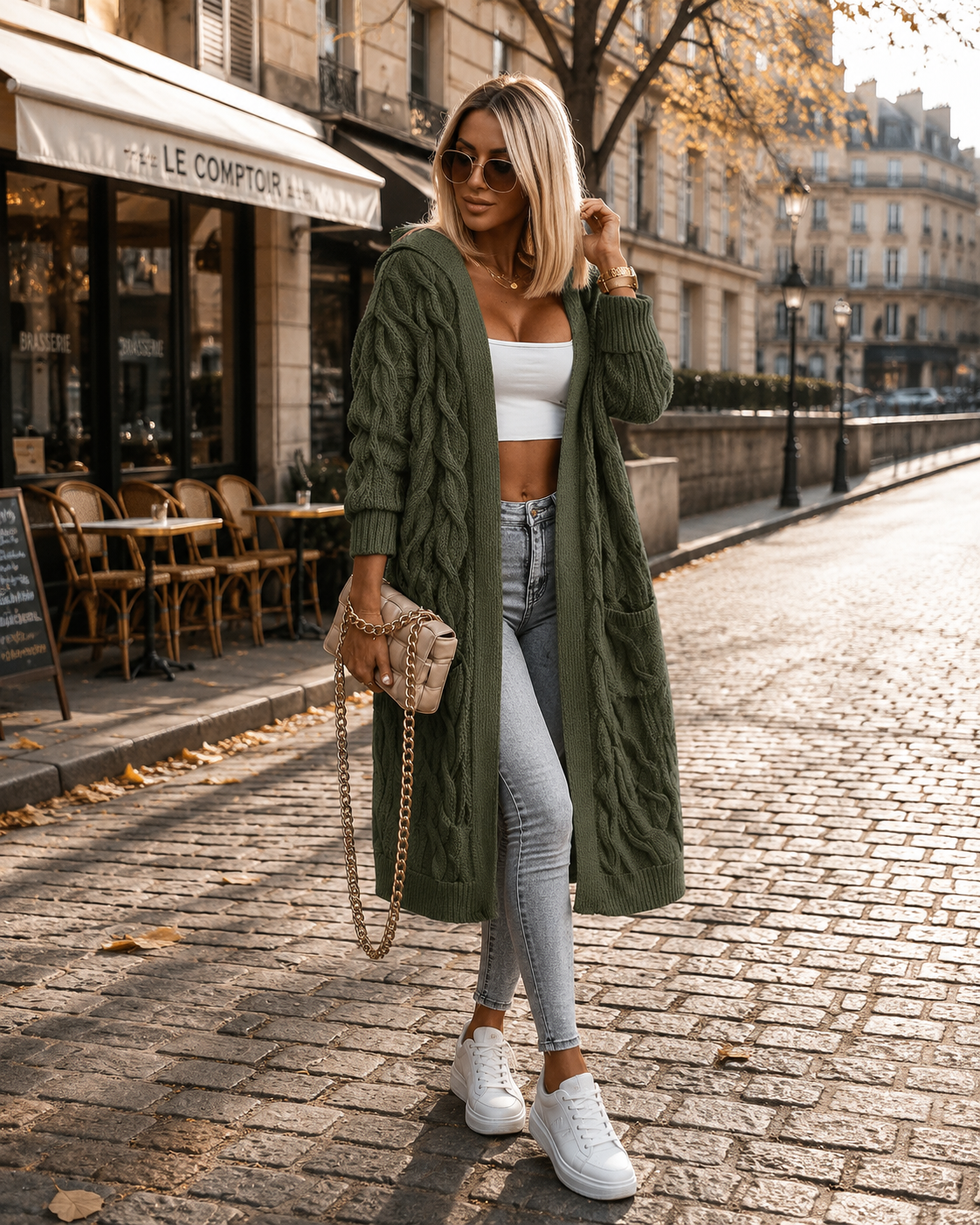 Beatrice Women's Long Cardigan – Oversized Cable Knit Hooded Sweater with Pockets