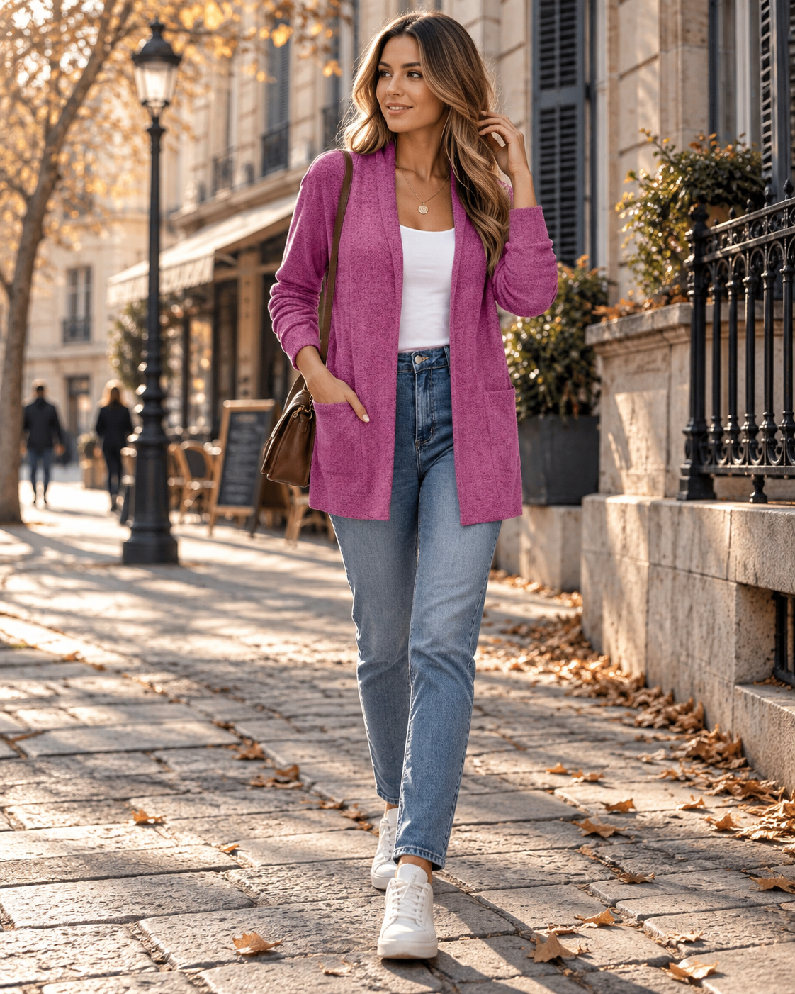 Eloise Women's Open Front Cardigan – Hip-Length Double Placket Top with Pockets