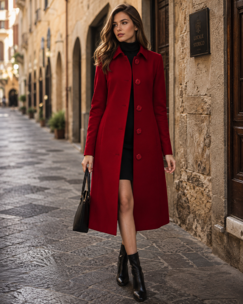 Evelyn Women's Long Coat – Classic Button Front Smart Winter Overcoat with Pockets