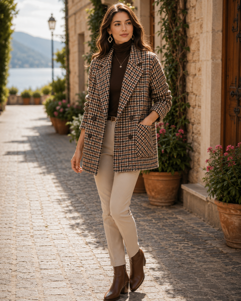 Fiona Women's Checked Jacket – Oversized Double Breasted Smart Casual Blazer Coat