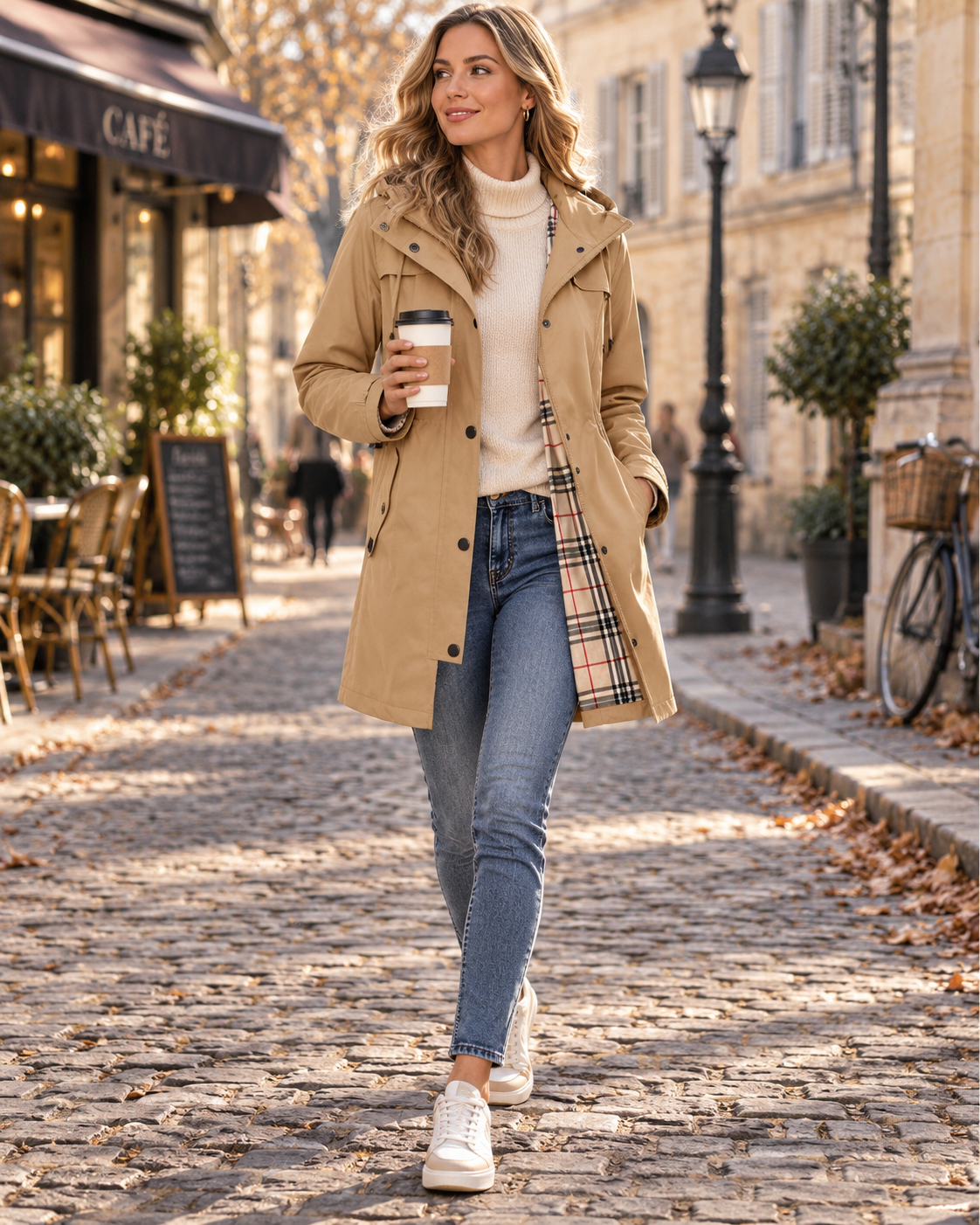 Bernadette Women's Hooded Rain Jacket – Drawstring Waist Check Lined Long Coat with Pockets