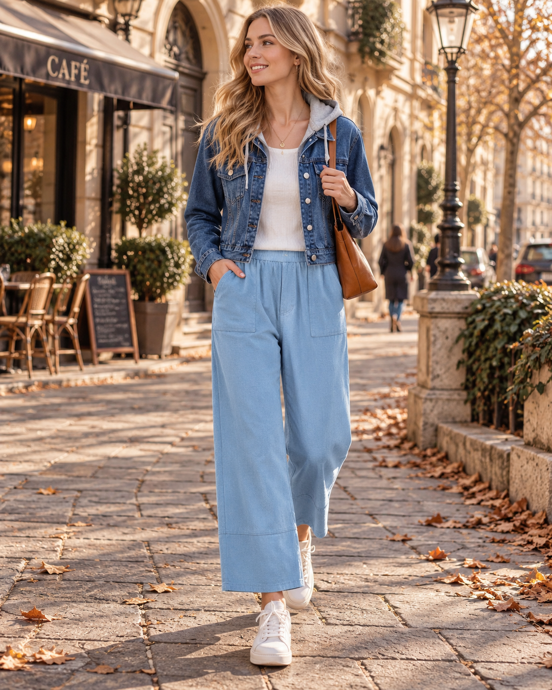 Katherine Women's Denim Jacket – Detachable Drawstring Hood Button-Up Coat with 4 Pockets