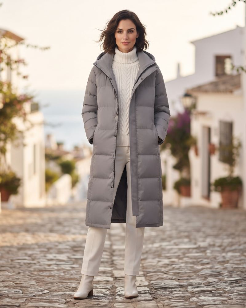 Florence Women's Long Puffer Coat – Padded Hood, High Collar & Regular Fit