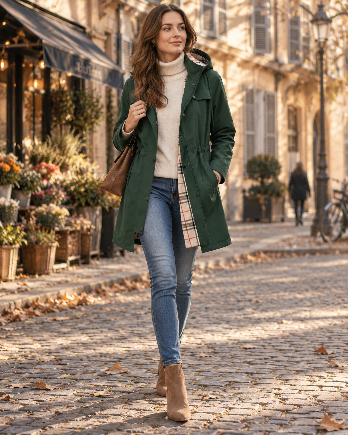 Bernadette Women's Hooded Rain Jacket – Drawstring Waist Check Lined Long Coat with Pockets