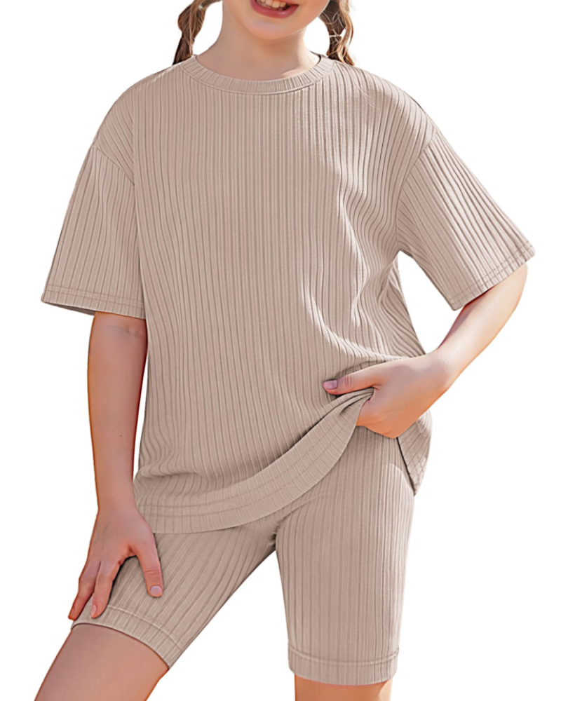 Avery Girls' Ribbed T-Shirt & Biker Shorts Set – 2 Piece Casual Summer Outfit