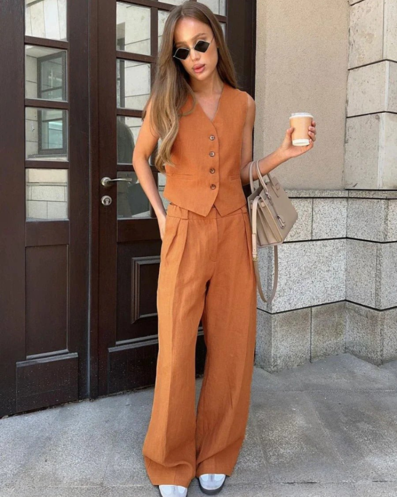 Paloma Women's Linen Two-Piece Set – Sleeveless Waistcoat & Wide-Leg Trousers