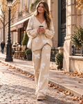 Heather Women's Fleece Lounge Set – V-Neck Sweater & Drawstring Wide-Leg Trousers