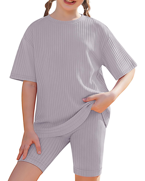 Avery Girls' Ribbed T-Shirt & Biker Shorts Set – 2 Piece Casual Summer Outfit