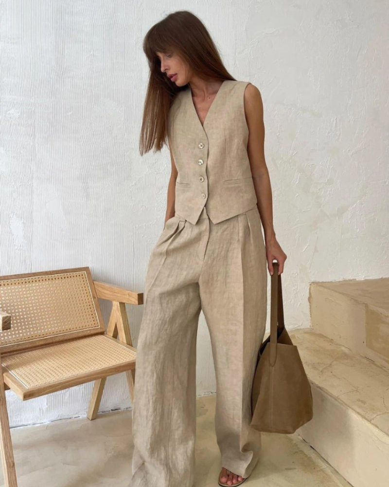 Paloma Women's Linen Two-Piece Set – Sleeveless Waistcoat & Wide-Leg Trousers