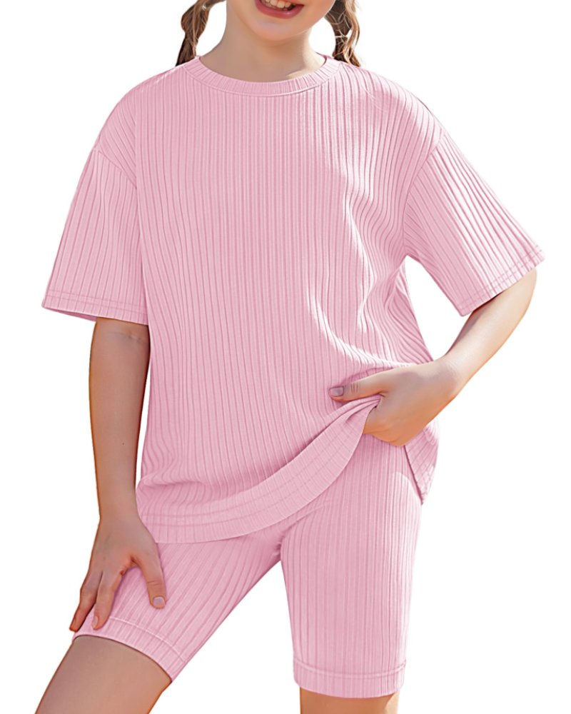Avery Girls' Ribbed T-Shirt & Biker Shorts Set – 2 Piece Casual Summer Outfit