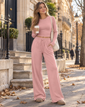 Cassandra Women's Lounge Set – Cropped Long Sleeve Top & Drawstring Wide-Leg Trousers