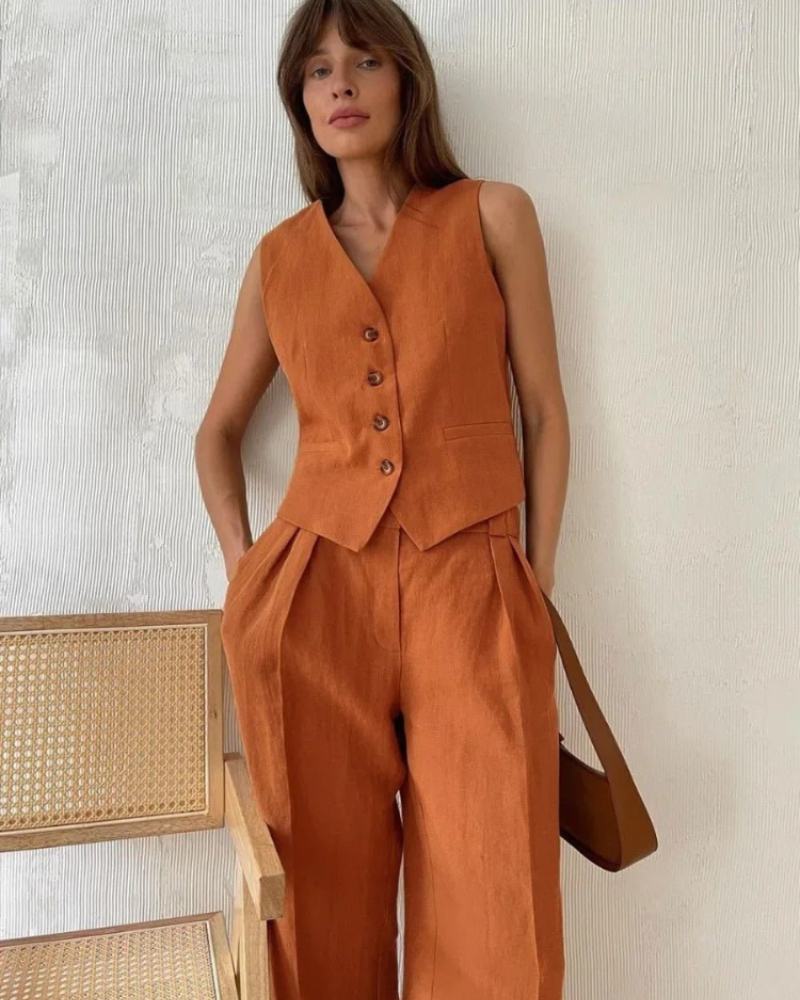 Paloma Women's Linen Two-Piece Set – Sleeveless Waistcoat & Wide-Leg Trousers