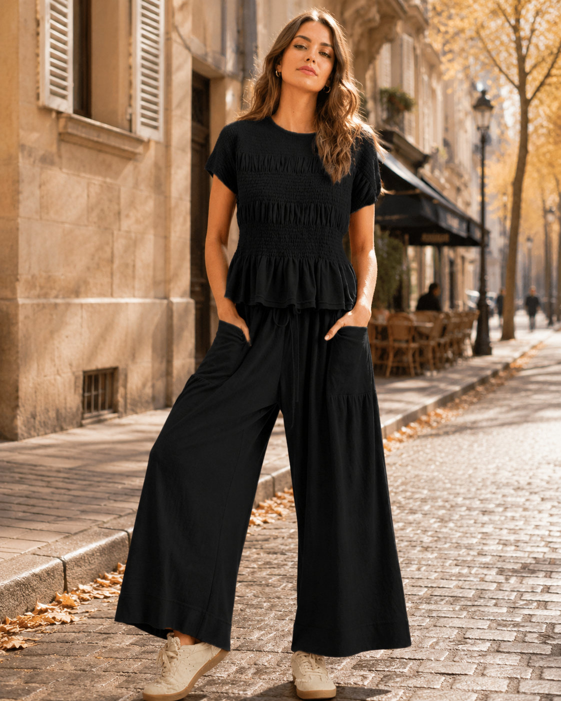 Rosalie Women's Two-Piece Set – Smocked Ruffle Top & Wide-Leg Trousers with Pockets