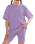 Avery Girls' Ribbed T-Shirt & Biker Shorts Set – 2 Piece Casual Summer Outfit