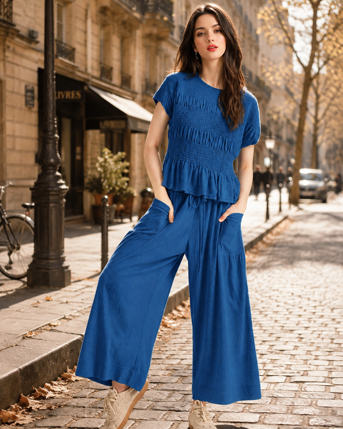Rosalie Women's Two-Piece Set – Smocked Ruffle Top & Wide-Leg Trousers with Pockets