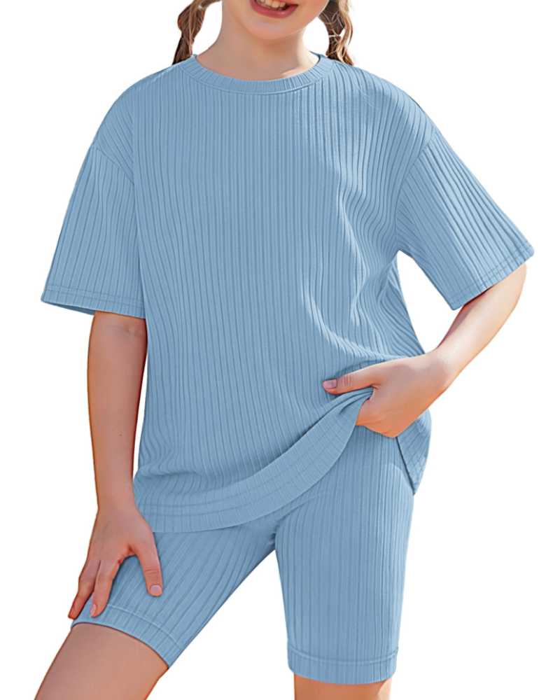 Avery Girls' Ribbed T-Shirt & Biker Shorts Set – 2 Piece Casual Summer Outfit