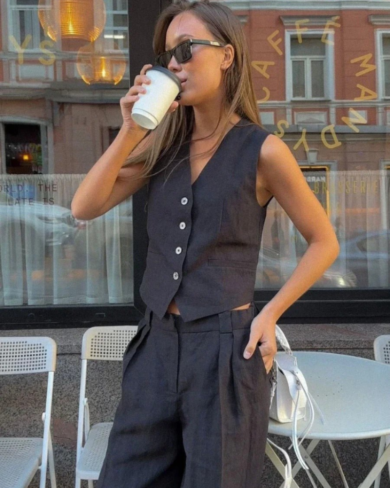 Paloma Women's Linen Two-Piece Set – Sleeveless Waistcoat & Wide-Leg Trousers